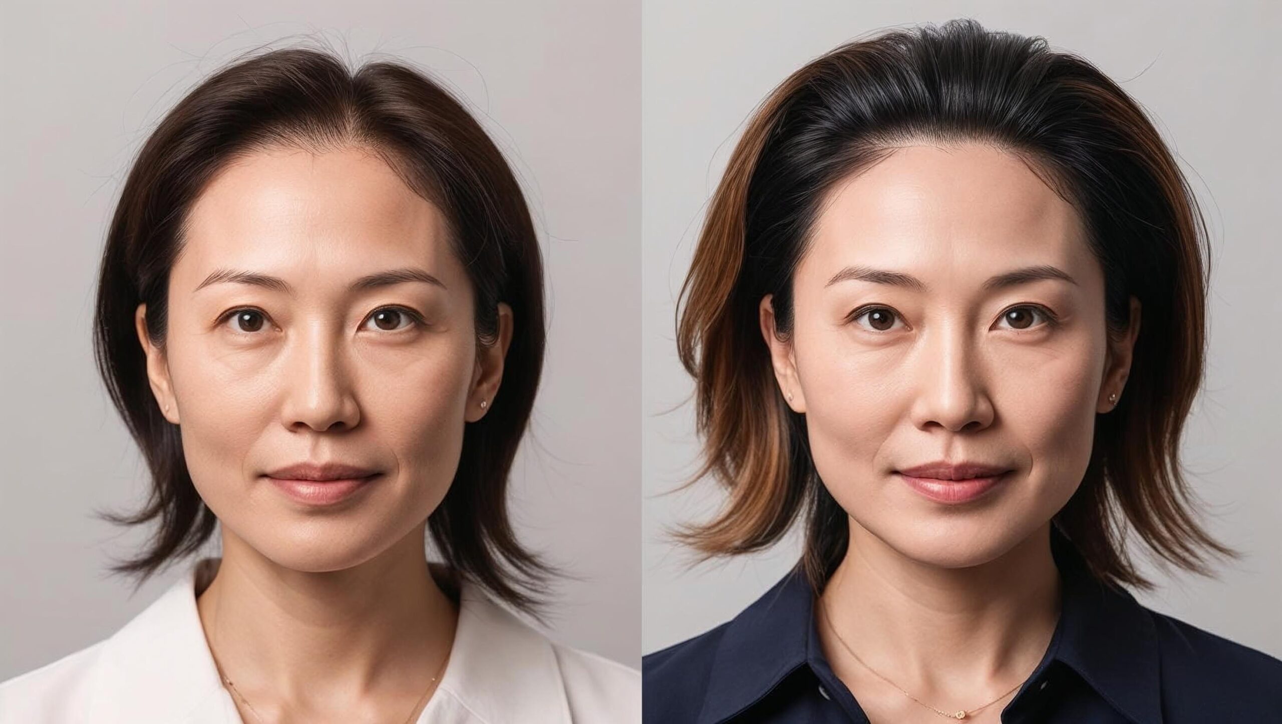 Ik wil een foto realistische afbeelding van een voor en na foto van een vrouw van een geslaagde haartransplantatie. De vrouw is van zeer dun haar boven op naar vol haar na de behandeling (1)